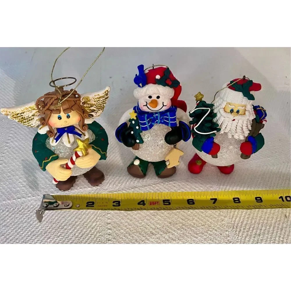 VTG Set of 3 Christmas Snowman, Angel & Santa Soft Plastic Snowball Ornaments